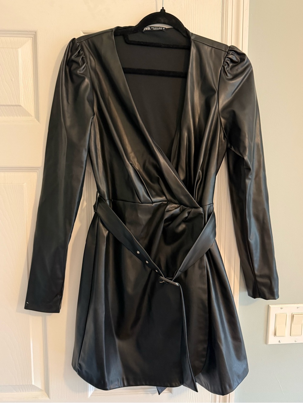 Zara Black Faux Leather Wrap Dress with Belt